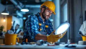 A photograph of a lighting contractor installing a 6-inch led retrofit kit in a commercial or residential setting