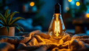 A photograph of a stylishly arranged corn bulb light in a cozy indoor setting