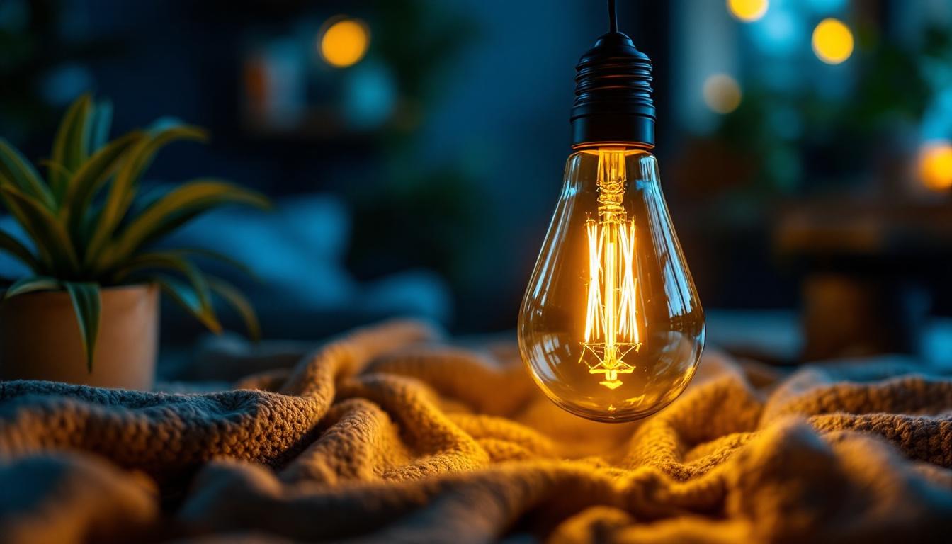 A photograph of a stylishly arranged corn bulb light in a cozy indoor setting