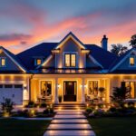A photograph of a beautifully illuminated house exterior at dusk