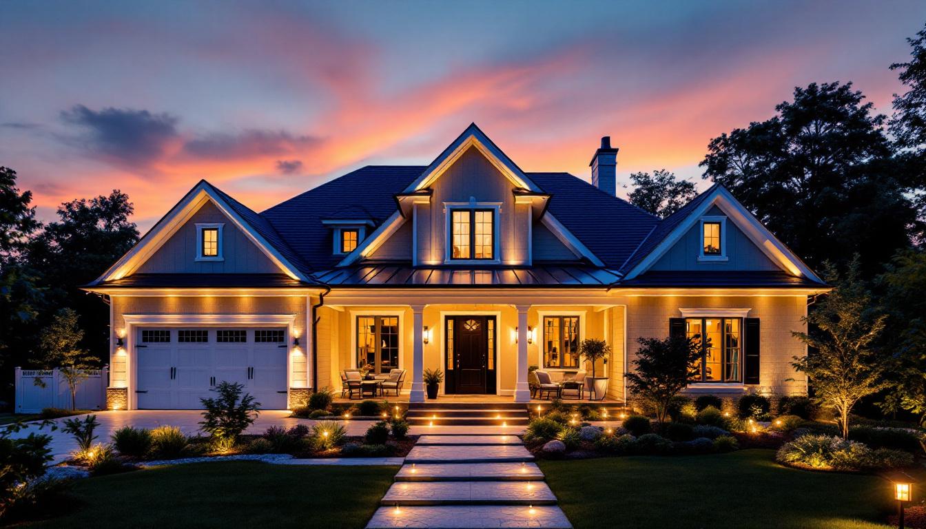 A photograph of a beautifully illuminated house exterior at dusk