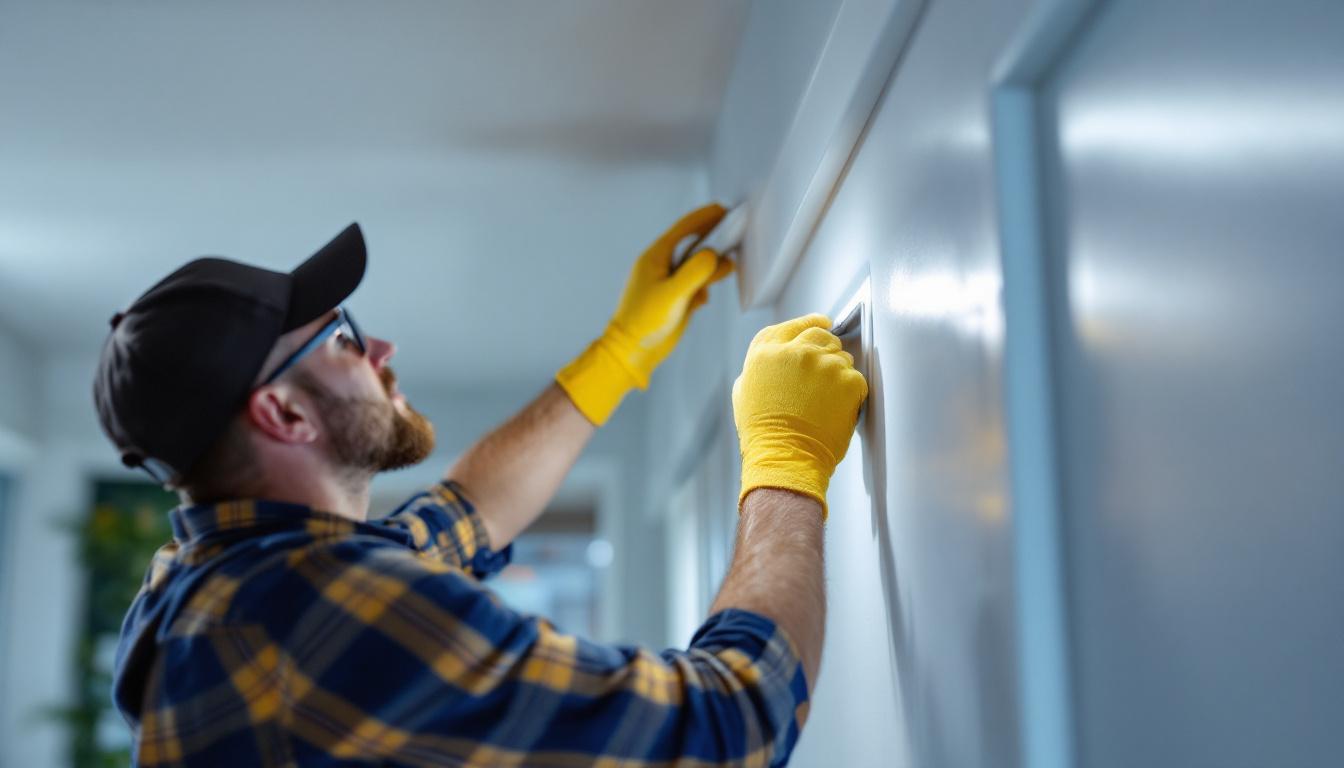 A photograph of a skilled lighting contractor installing a sleek