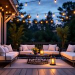 A photograph of a beautifully arranged outdoor deck scene at twilight