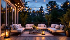 A photograph of a beautifully arranged outdoor deck scene at twilight