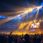 A photograph of a vibrant stadium illuminated by led lights during an event