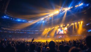 A photograph of a vibrant stadium illuminated by led lights during an event