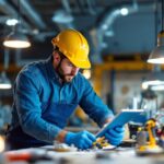 A photograph of a lighting contractor in action