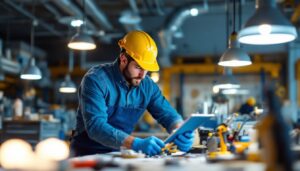 A photograph of a lighting contractor in action