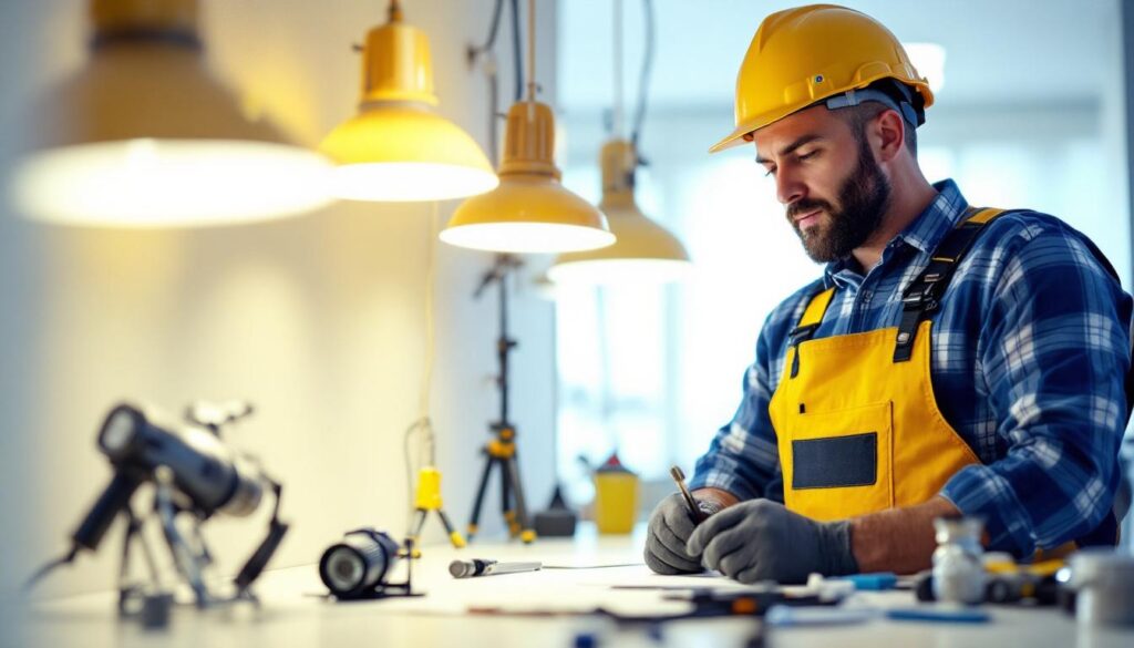 A photograph of a skilled lighting contractor working on a project