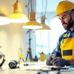 A photograph of a skilled lighting contractor working on a project