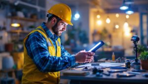 A photograph of a skilled lighting contractor working with an mhl lamp in a well-lit space