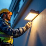 A photograph of a professional lighting contractor installing a wall pack led light on a commercial building