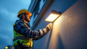 A photograph of a professional lighting contractor installing a wall pack led light on a commercial building