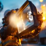 A photograph of a lighting contractor installing or adjusting large flood lights at a commercial or outdoor venue