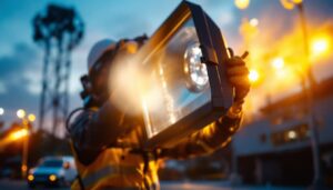 A photograph of a lighting contractor installing or adjusting large flood lights at a commercial or outdoor venue