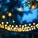 A photograph of a beautifully illuminated outdoor space featuring heavy-duty string lights draped across a patio or garden area