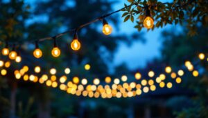 A photograph of a beautifully illuminated outdoor space featuring heavy-duty string lights draped across a patio or garden area