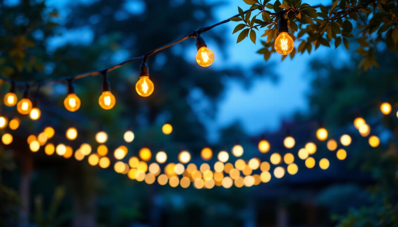 A photograph of a beautifully illuminated outdoor space featuring heavy-duty string lights draped across a patio or garden area