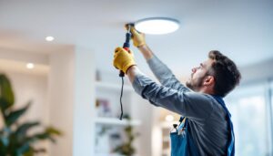 A photograph of a lighting contractor carefully replacing a recessed can light with an led fixture