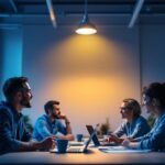 A photograph of a well-lit workspace featuring a low profile pot light installed in the ceiling