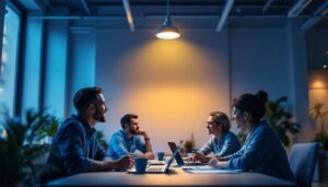 A photograph of a well-lit workspace featuring a low profile pot light installed in the ceiling