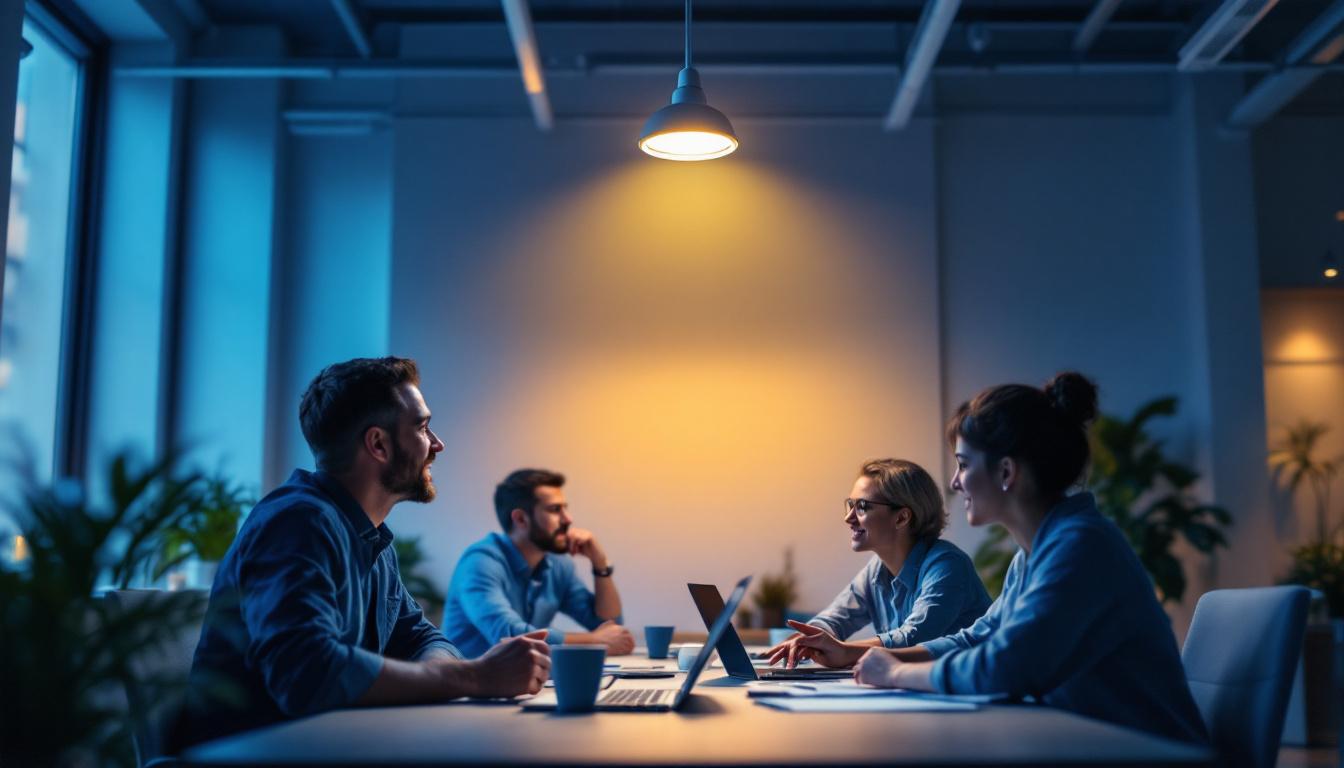A photograph of a well-lit workspace featuring a low profile pot light installed in the ceiling