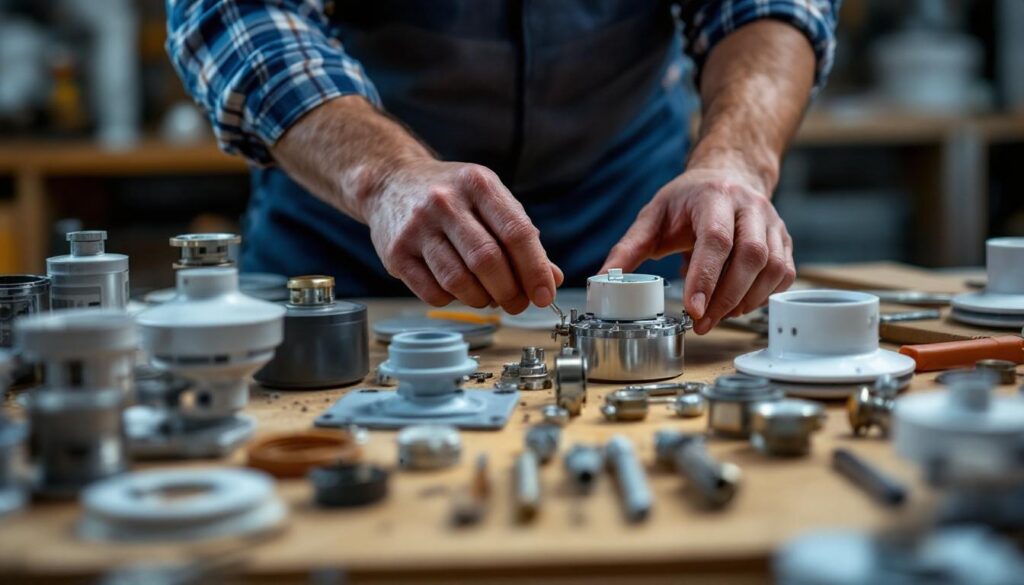 A photograph of a lighting contractor examining a variety of ceiling fan parts laid out on a workbench