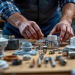 A photograph of a lighting contractor examining a variety of ceiling fan parts laid out on a workbench