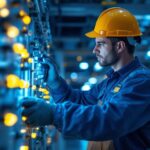 A photograph of a skilled lighting contractor working with 277v lighting systems