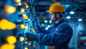 A photograph of a skilled lighting contractor working with 277v lighting systems