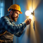 A photograph of a skilled lighting contractor installing light switches and outlets in a modern home setting
