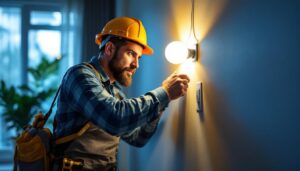 A photograph of a skilled lighting contractor installing light switches and outlets in a modern home setting