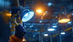 A photograph of a well-lit industrial or commercial space showcasing ex proof lighting fixtures in action