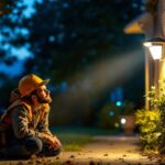 A photograph of a lighting contractor installing motion sensor lights in a residential setting