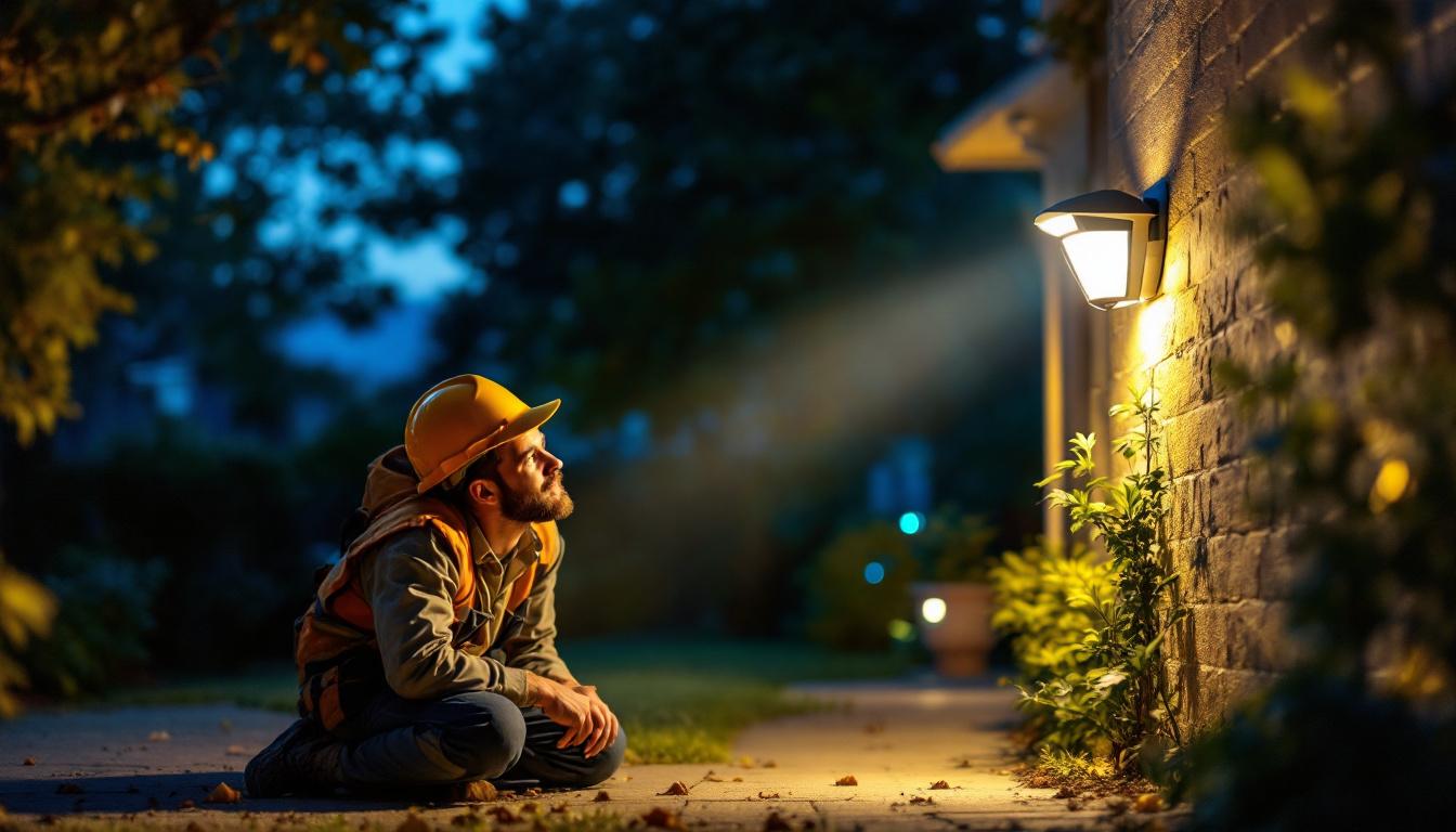 A photograph of a lighting contractor installing motion sensor lights in a residential setting