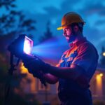 A photograph of a lighting contractor skillfully installing vibrant coloured led floodlights in an outdoor setting