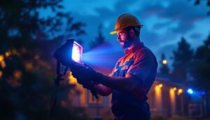A photograph of a lighting contractor skillfully installing vibrant coloured led floodlights in an outdoor setting