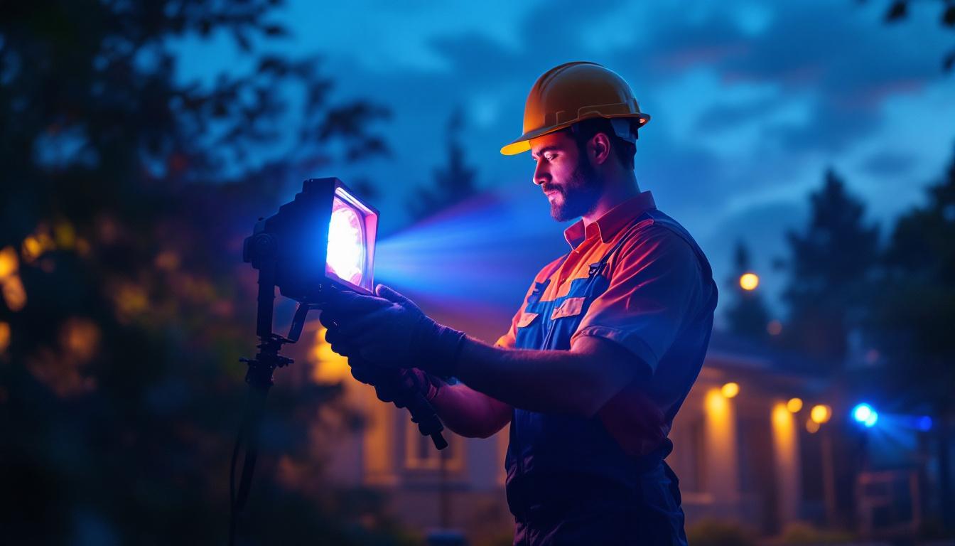 A photograph of a lighting contractor skillfully installing vibrant coloured led floodlights in an outdoor setting