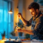 A photograph of a skilled lighting contractor expertly installing a vibrant led tape light strip in a modern interior setting