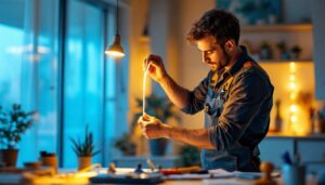 A photograph of a skilled lighting contractor expertly installing a vibrant led tape light strip in a modern interior setting