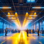 A photograph of a well-lit warehouse interior showcasing led lighting installations