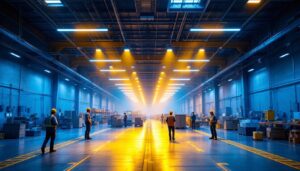 A photograph of a well-lit warehouse interior showcasing led lighting installations