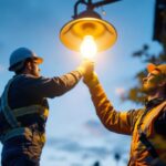 A photograph of a lighting contractor skillfully replacing a street lamp bulb at dusk