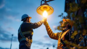 A photograph of a lighting contractor skillfully replacing a street lamp bulb at dusk