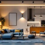 A photograph of a well-lit residential space showcasing a variety of stylish lighting fixtures