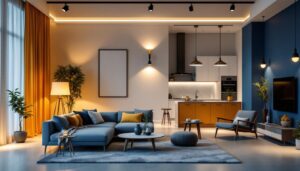A photograph of a well-lit residential space showcasing a variety of stylish lighting fixtures