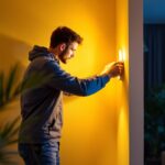 A photograph of a lighting contractor installing a sleek led wall mount light in a modern interior space
