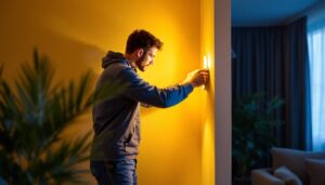 A photograph of a lighting contractor installing a sleek led wall mount light in a modern interior space