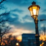 A photograph of a beautifully illuminated lamp post in an urban setting at dusk