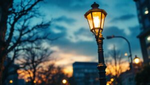 A photograph of a beautifully illuminated lamp post in an urban setting at dusk